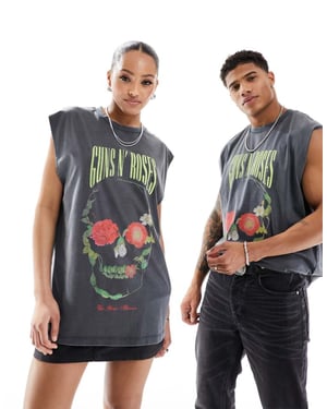 ASOS DESIGN unisex oversized license vest in washed black with Guns N Roses graphic prints
