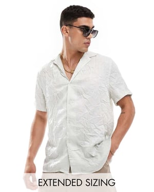 ASOS DESIGN short sleeve relaxed fit deep revere collar satin shirt in grey-Silver