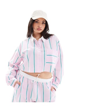 ASOS DESIGN Curve cropped shirt with contrast collar in pink stripe