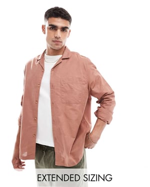 ASOS DESIGN relaxed linen blend shirt with revere collar in rust brown
