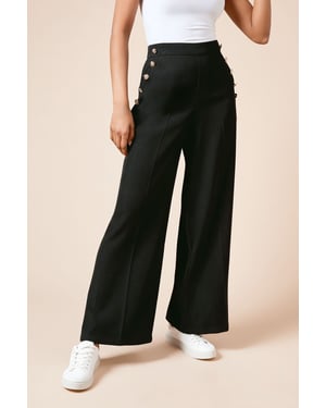 Petite Military Button Detail Wide Leg Trouser