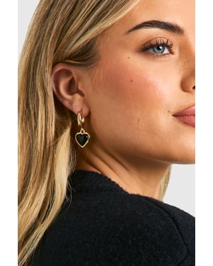 Black Enamel Heart Drop Hoop Earrings