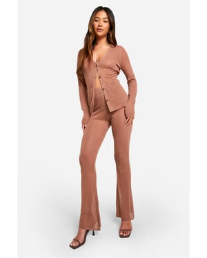 Sheer Fine Knitted Shirt And Flared Trouser Set
