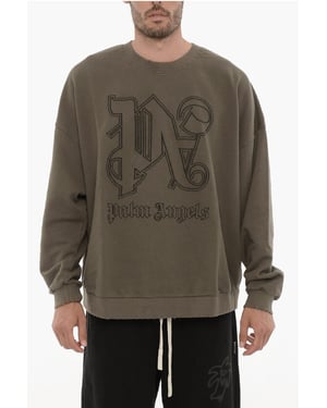 Vintage Effect Crew-Neck Sweatshirt with Embossed Monogram in Military Green