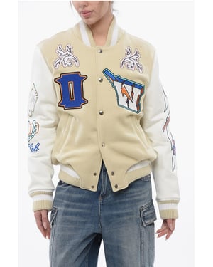 Padded THUNDERBOLT Bomber Jacket with Leather Sleeves and Al in Beige