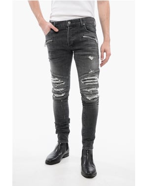 Flerfickade slitna jeans med läderinlägg i biker-stil 1 i grått