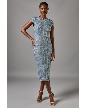 Cap Sleeve Pearl Embellished Pencil Dress