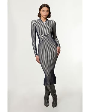 Stripe Fitted Long Sleeve Knitted Midi Dress