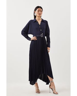 Jersey And Georgette Mix Belted Pleat Midi Dress
