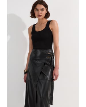 Faux Leather Tie Detail Wrap Midi Skirt
