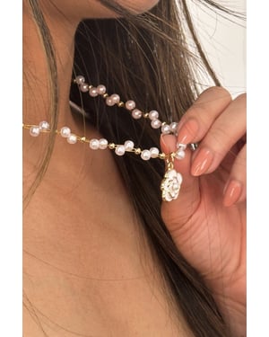 Pearl Chain Necklace with Camellia Pendant