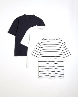 River Island Mens T-Shirt 3 Pack Mixed Colours Short Sleeve Slim Fit