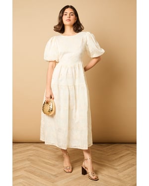 Floral Embroidered Puff Sleeve Midi Dress