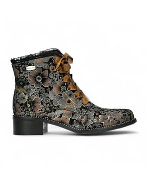 Laura Vita Emcmao-45 Bruine bloemenprint dameslaarzen met gothic victoriaanse leren enkellaarsjes met hak