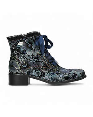 Laura Vita Emcmao-45 Blauwe bloemen dames gotische Victoriaanse leren enkellaarsjes met hak
