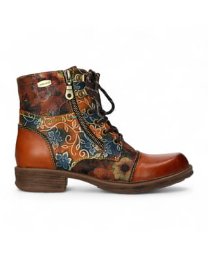 Laura Vita Anita 006 Camel Brown Floral Dames Gothic Victoriaanse Leren Enkellaarsjes