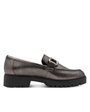 Tamaris Dames Pewter Zilveren Leren Loafers Slip-On Platform Schoenen