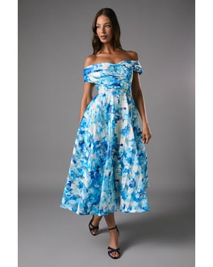Stripe Organza Pleated Top Floral Print Midi Dress