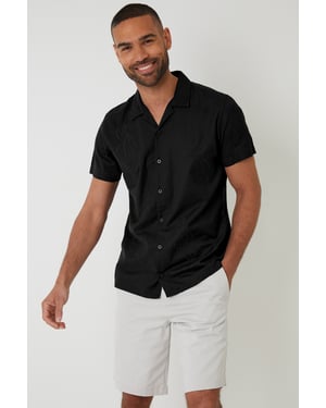 Black Cotton Leaf Embroidered Shirt With Linen