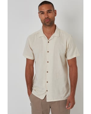 Ecru Linen Blend Palm Embroidered Short Sleeve Shirt