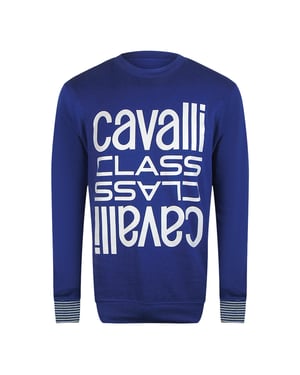 Cavalli Class Bold Multi Logo Iris Blue Round Neck Sweatshirt