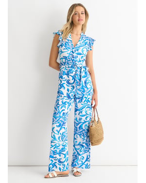 Blue Floral Ruffle Sleeeves Jumpsuit