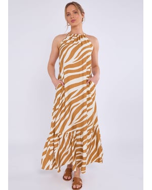 Brown Zebra Print Halter Neck Maxi Dress