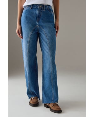 Washed Raw Waist Seam Detail Denim Dad Jean