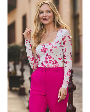 Ivory & Pink Floral Print Mesh Top