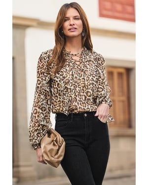 Petite Leopard Print Lace Up Blouse
