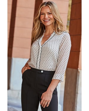 White & Black Dobby Spot Contrast Trim Blouse