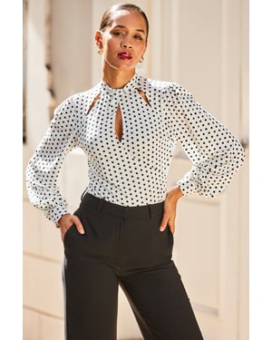 Ivory Spot Print Keyhole Detail Jersey Tunic Top