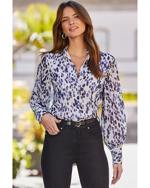 Blue & White Spot Print Blouson Sleeve Shirt