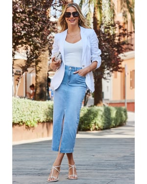Light Wash Longline Denim Midi Skirt