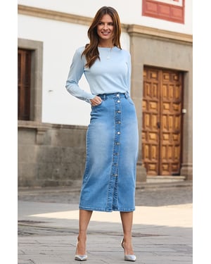 Mid Blue Button Front Denim Midi Skirt