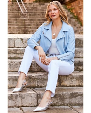 Soft Blue Premium Faux Leather Biker Jacket