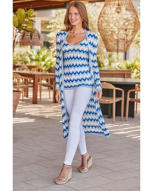 Blue Metallic Chevron Print Longline Cardigan