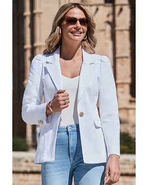 Petite White Denim Ruched Shoulder Blazer