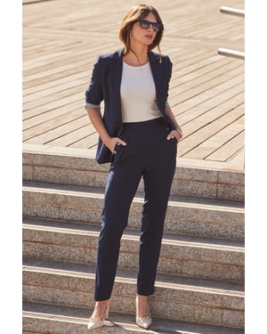 Navy Blue Side Button Tapered Leg Trousers
