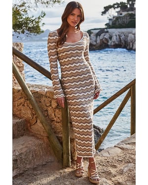 Natural Metallic Chevron Flared Sleeve Fine Knit Midi Dress