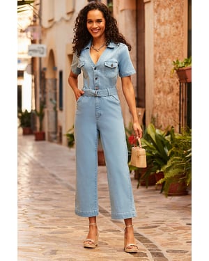 Light Wash D Ring Belt Culotte Denim Jumpsuit