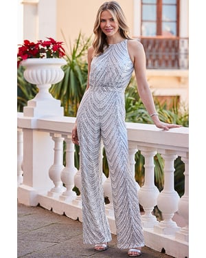 Champagne Gold Halter Neck Statement Sequin Jumpsuit