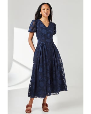 Floral Jacquard Puff Sleeve Midi Dress