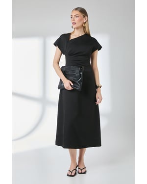 Black Asymmetric Neckline Contrast Cuff Midi Dress