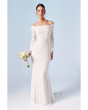 Bardot Boho Lace Fishtail Wedding Dress
