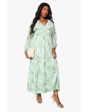 Plus Floral Chiffon Ruched Blouson Sleeve Maxi Dress