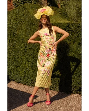 Lisa Tan Pleated Floral Midi Dress With Pleat Detail