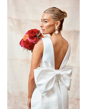 Plunge Neck Structured Satin Bow Back Wedding Dress