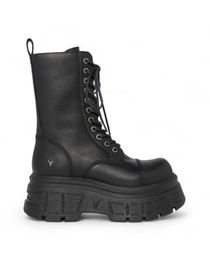 Windsorsmith Dames Zwarte Mid-Calf Biker Leren Platform Combat Boots - Screaming