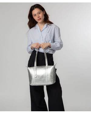 'Leonor' Metallic Silver Leather Tote Bag